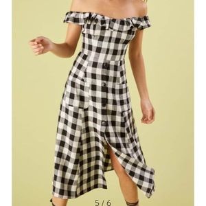 Reformation Black &White Plaid Off The Shoulder Ruffle Midi Dress